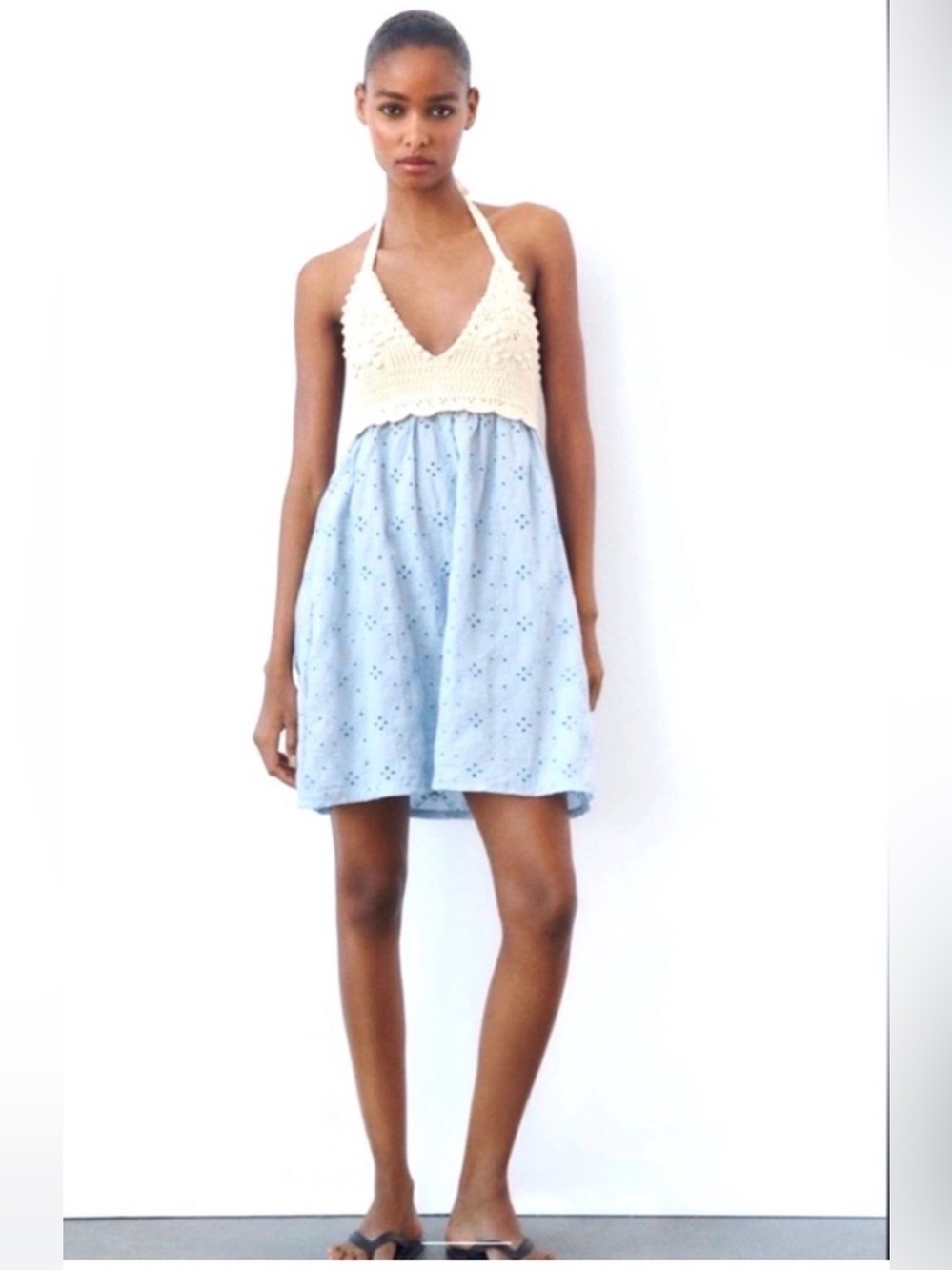 ZARA Crochet Halter Eyelet Babydoll Dress in Cream & Light Blue
